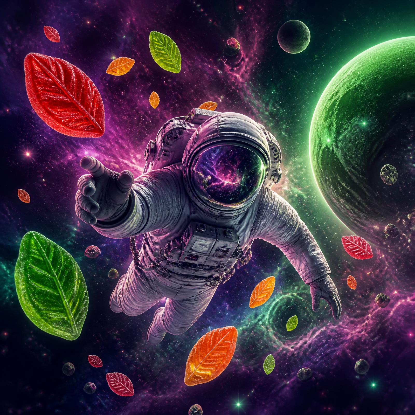 Astronaut drifting through a cosmic nebula surrounded by floating leaf-shaped gummies